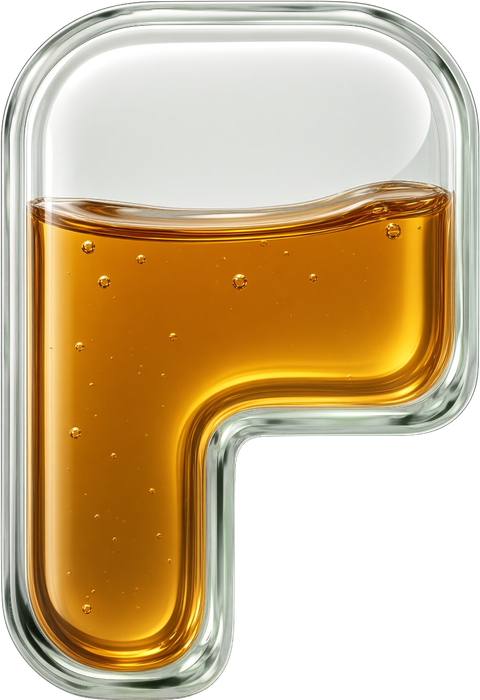 Ponsoil, a glass letter P filled with amber motor oil